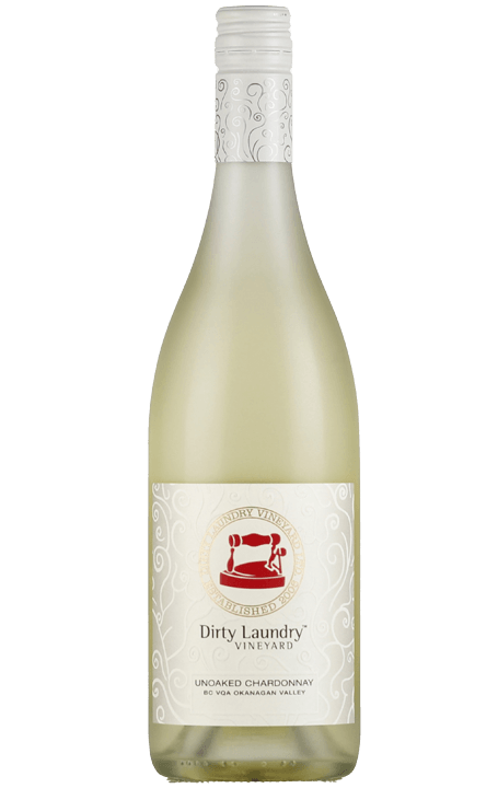 A bottle of white wine with a red sewing machine on the label.