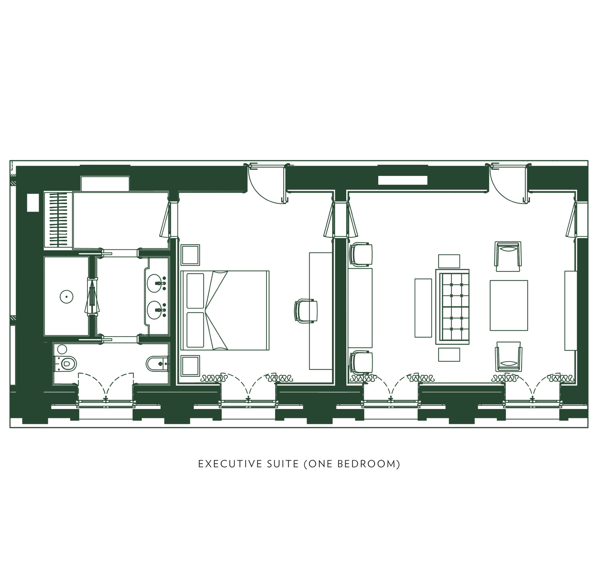 A black and white floor plan of an executive suite home office