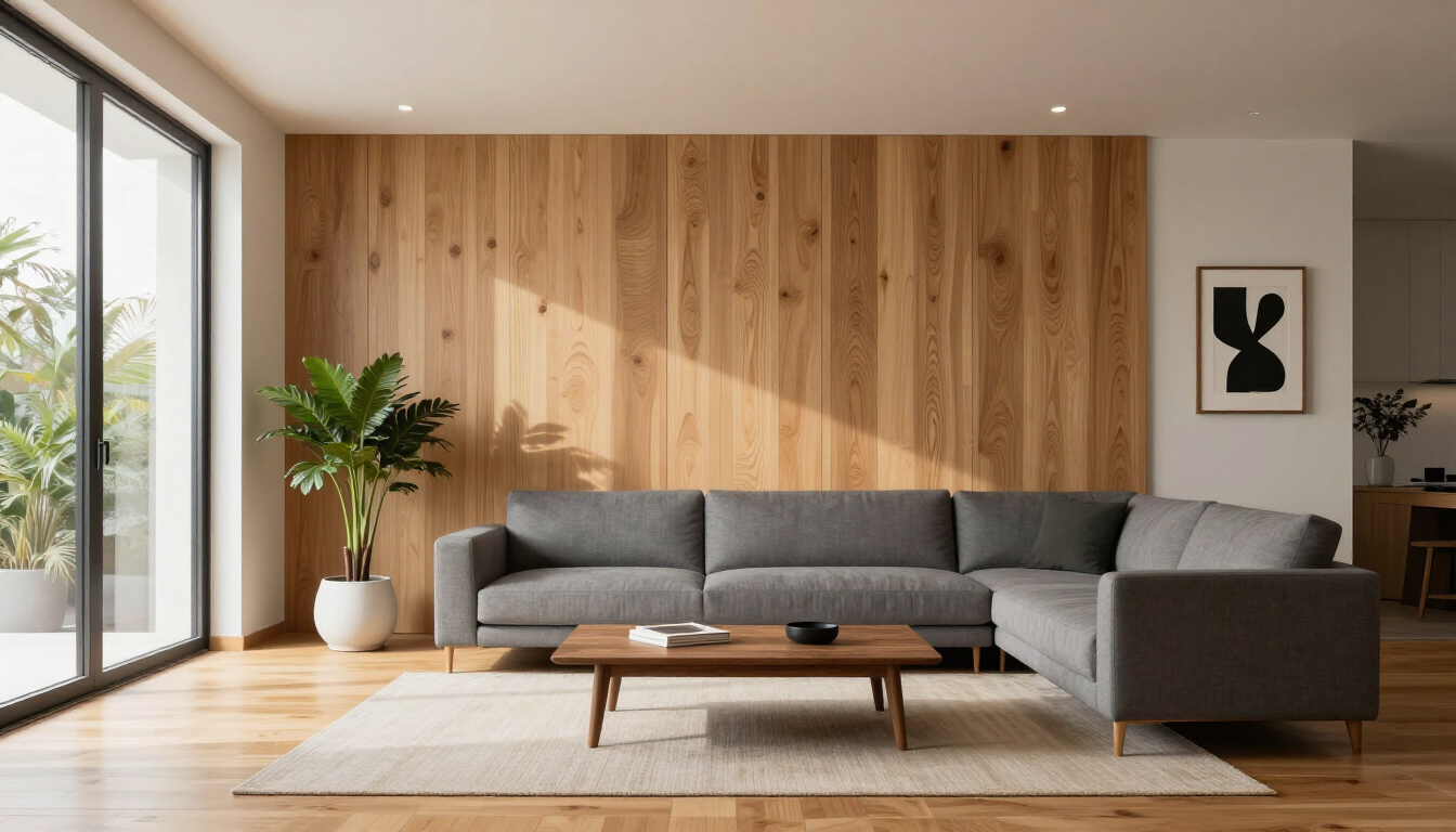 Sala de estar moderna con sofá seccional gris, mesa de centro de madera, pared revestida de madera y grandes ventanales.