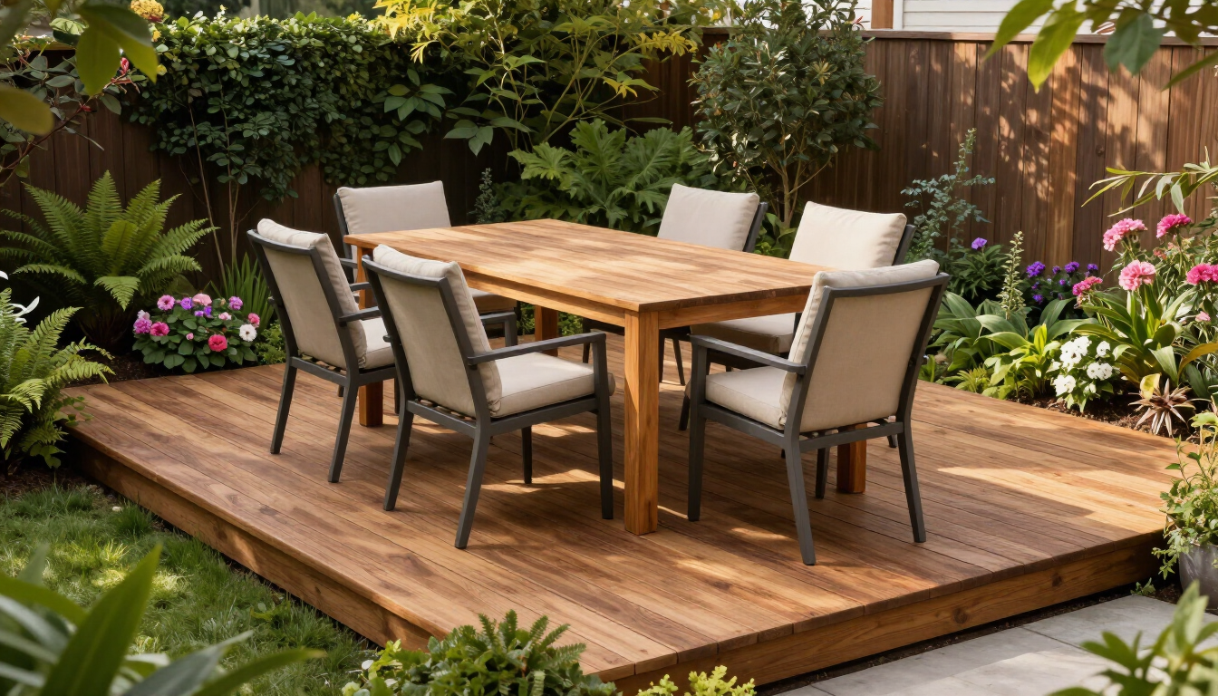 Conjunto de comedor de madera para patio con seis sillas acolchadas sobre una terraza elevada en un jardín.
