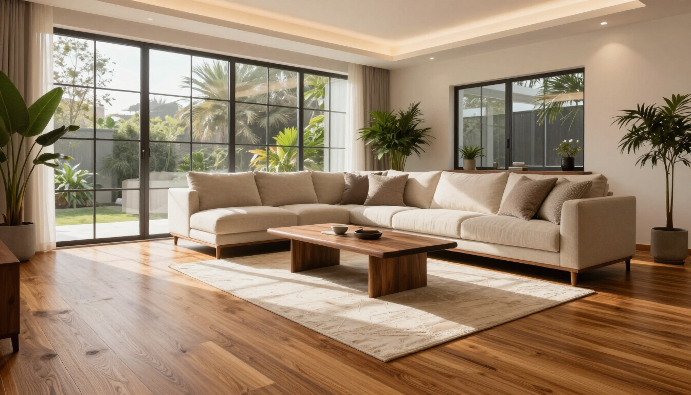 Sala de estar moderna con sofá modular beige, mesa de centro de madera, grandes ventanales y luz natural