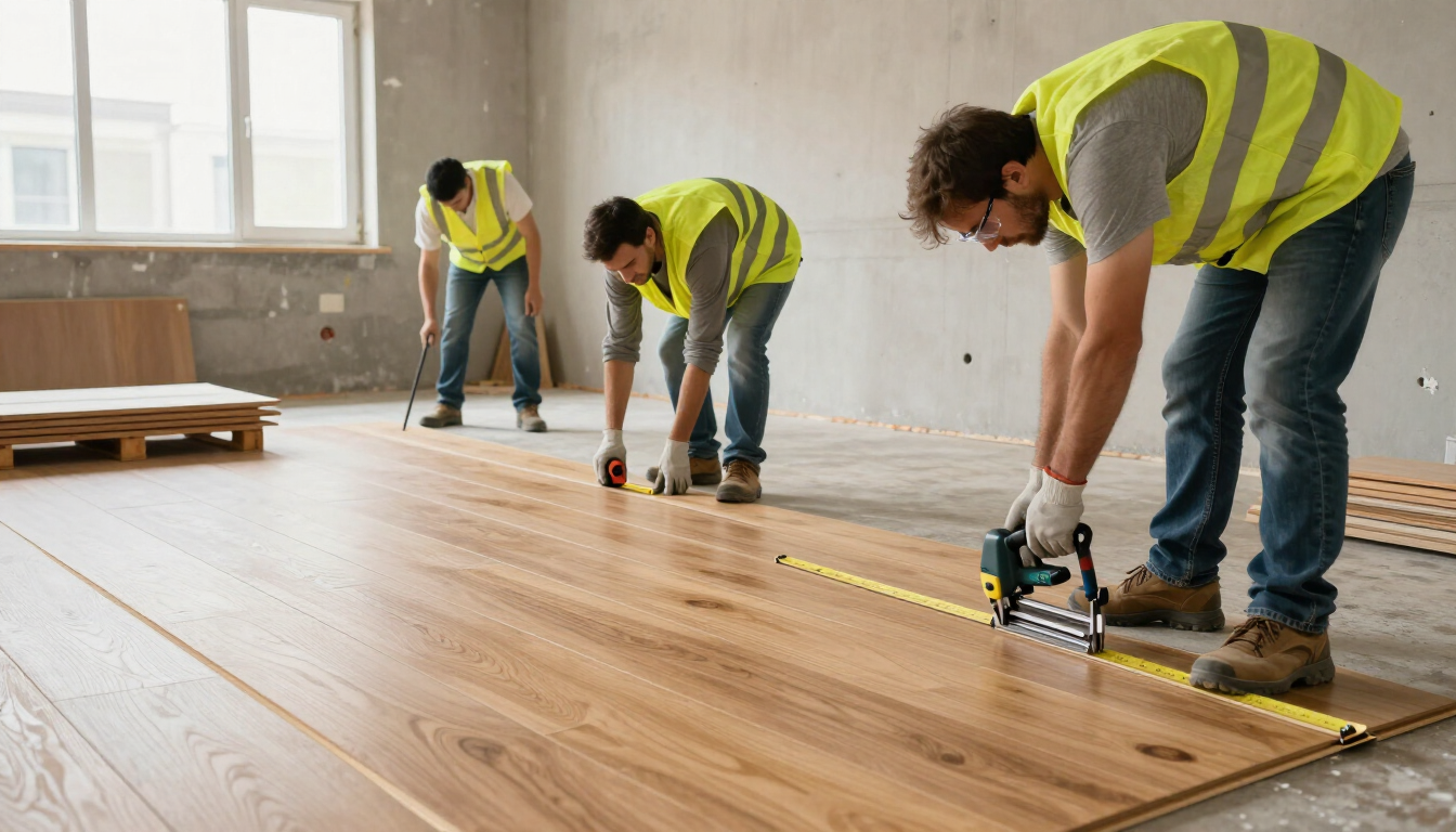 Tres trabajadores con chalecos de seguridad amarillos colocan pisos de madera en una habitación en renovación.