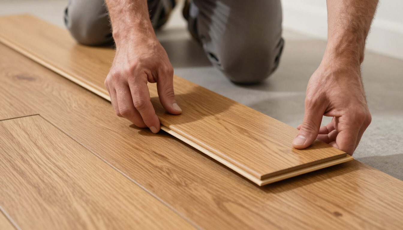 Manos colocando una tabla de madera sobre un piso de madera dura.