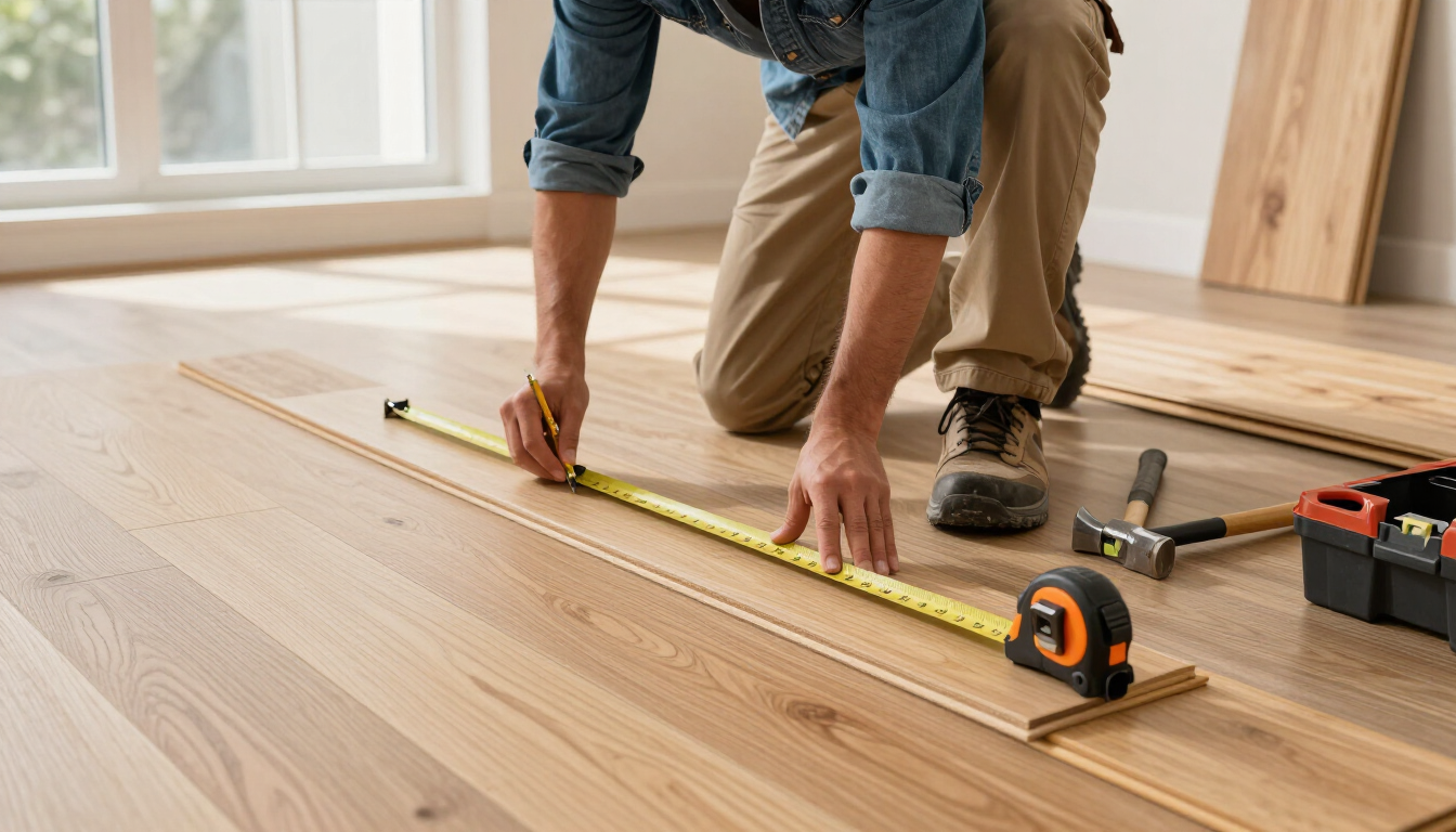Persona midiendo un piso de madera con una cinta métrica durante la renovación de una vivienda.