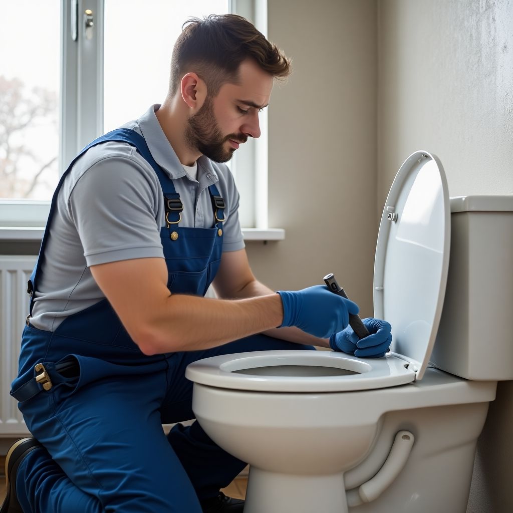 A toilet with a plunger sticking out of it