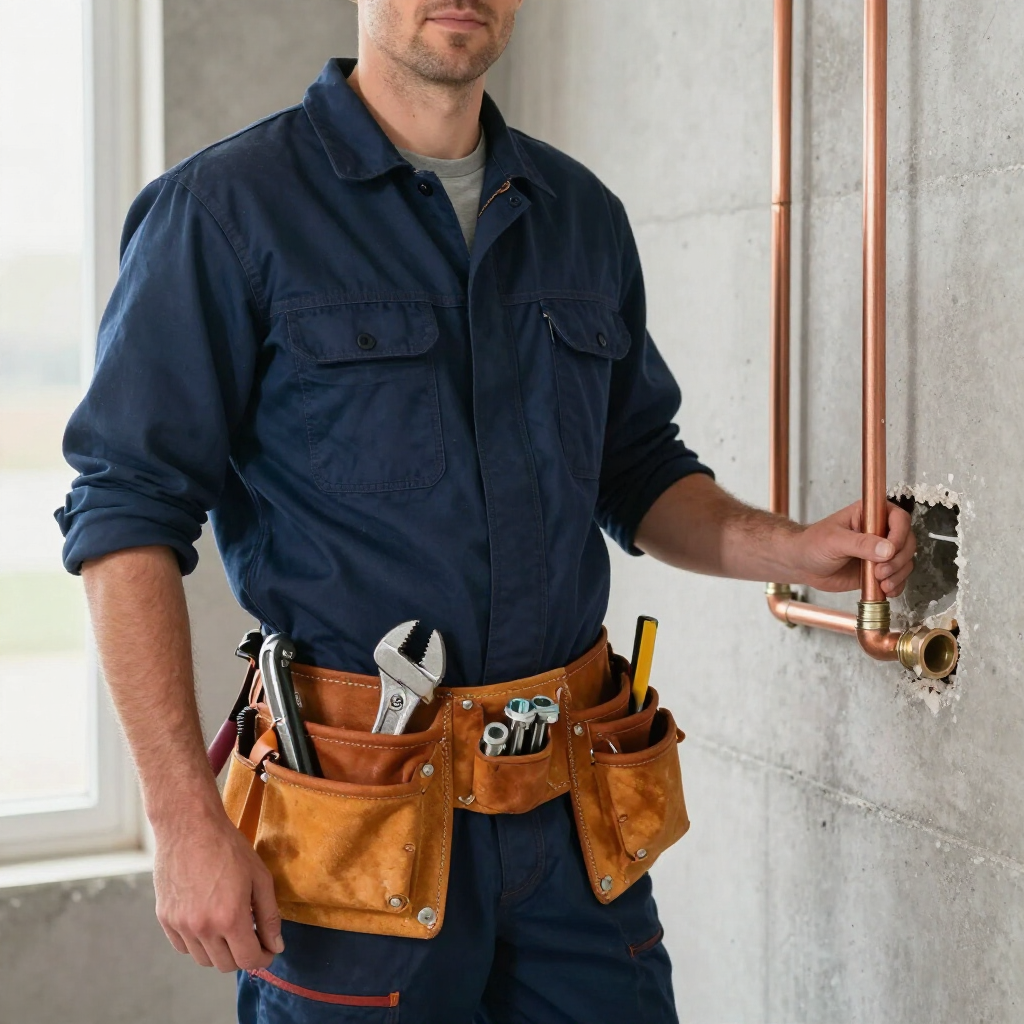 Licensed Plumber in customers home repairing pipe for shower.
