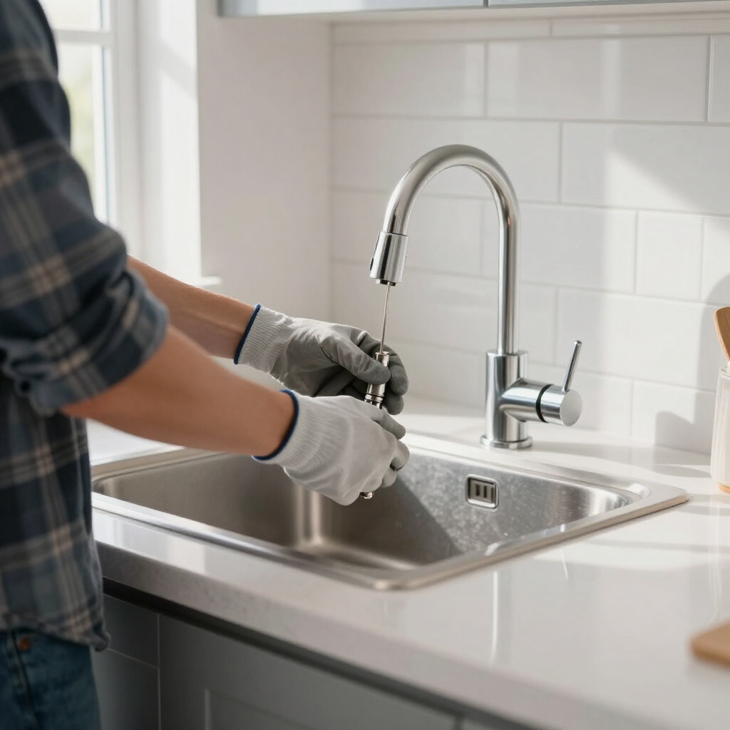 Licensed plumber fixing faucet in Castle Rock home.