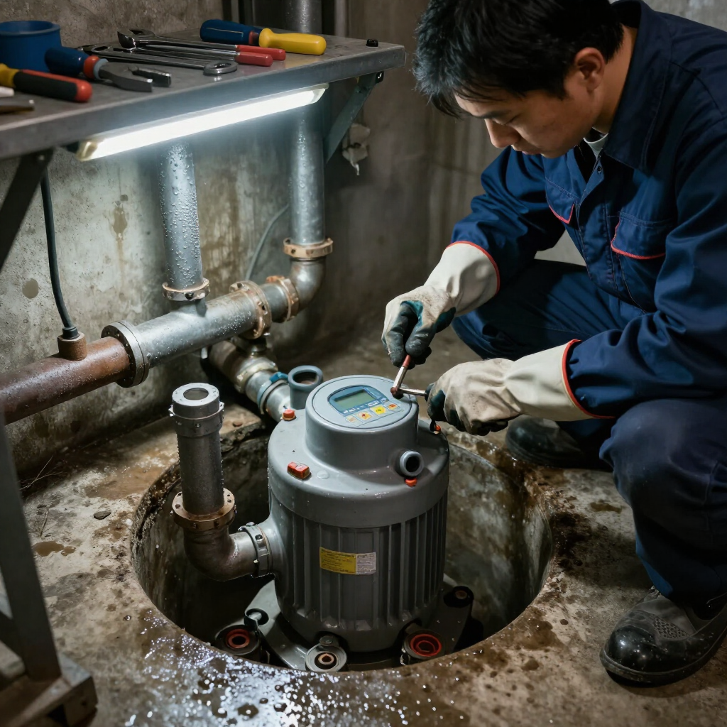 plumber repairing sump pump in customers home.
