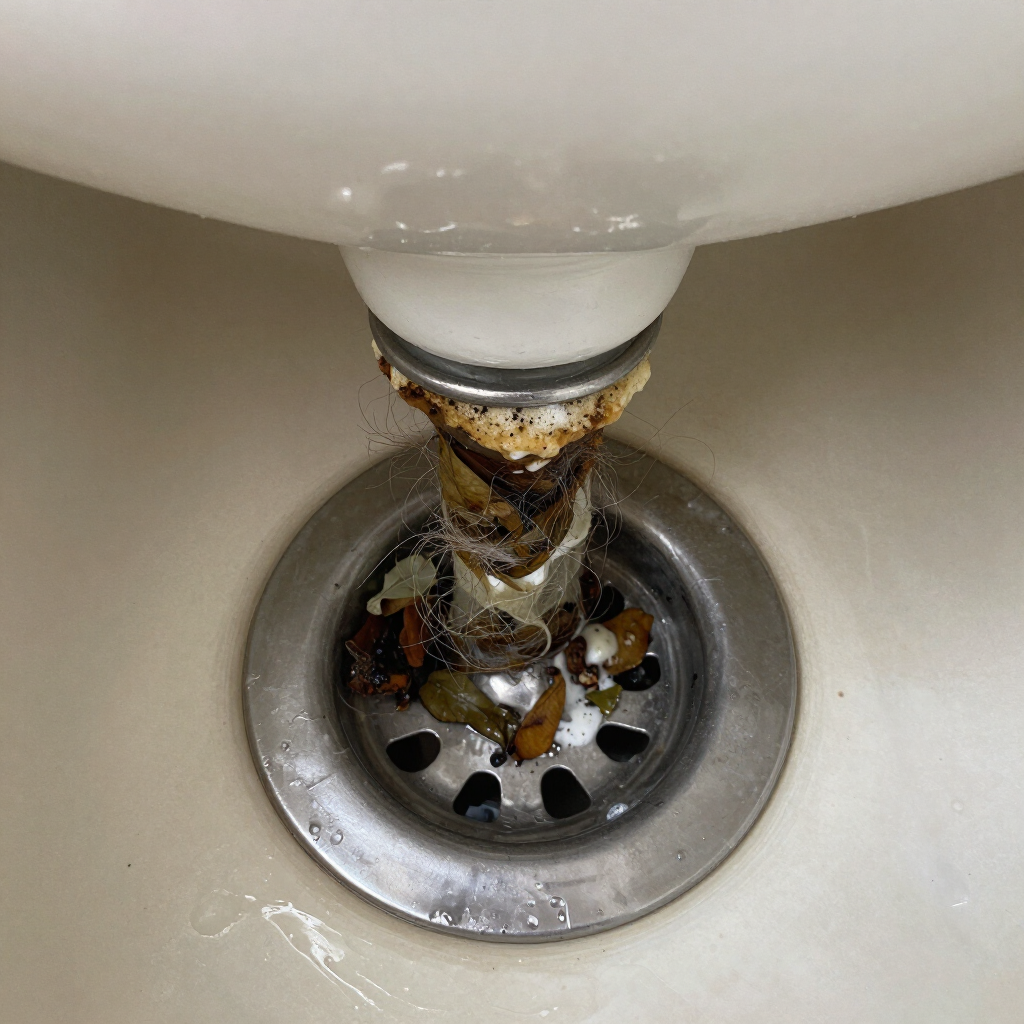 clogged drain with stuff coming out.