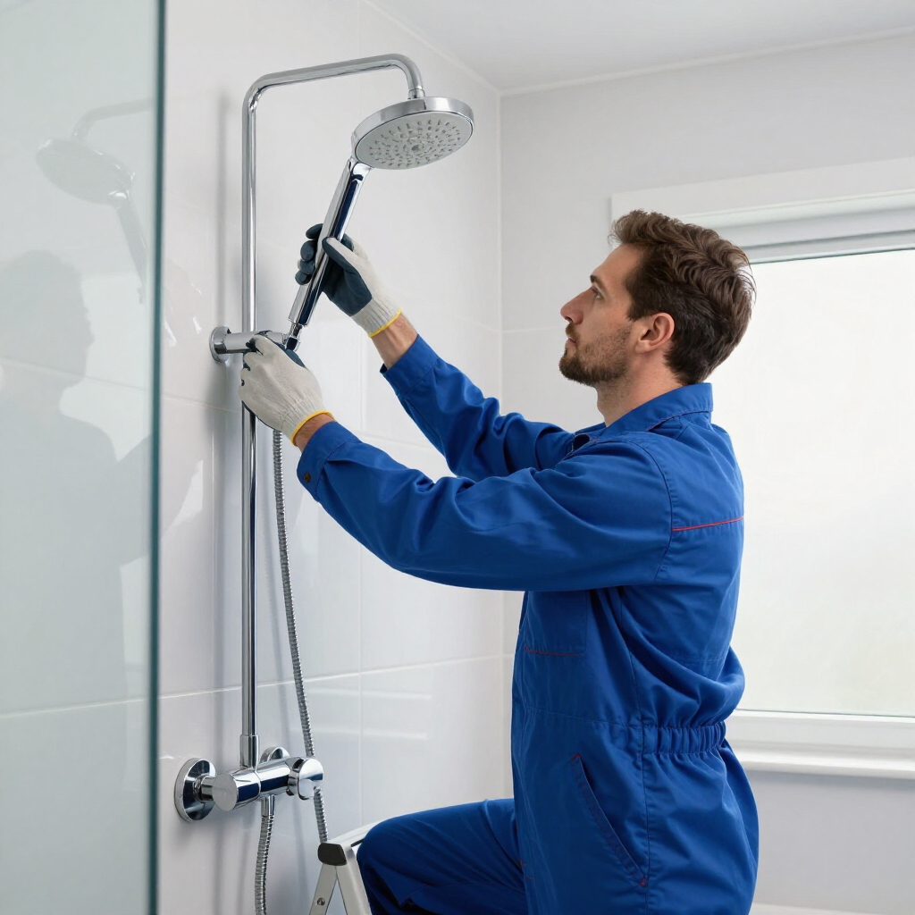 plumbing company installing new shower.