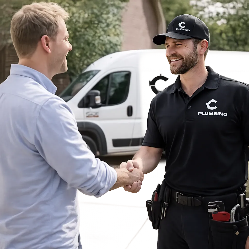 professional plumber in castle rock shaking hands with satisfied customer.