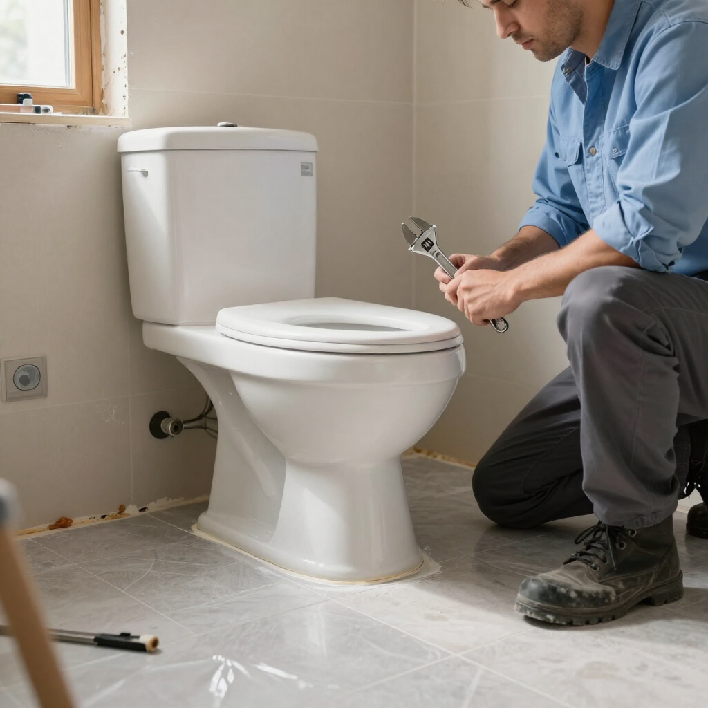 Installing a new toilet in bathroom.
