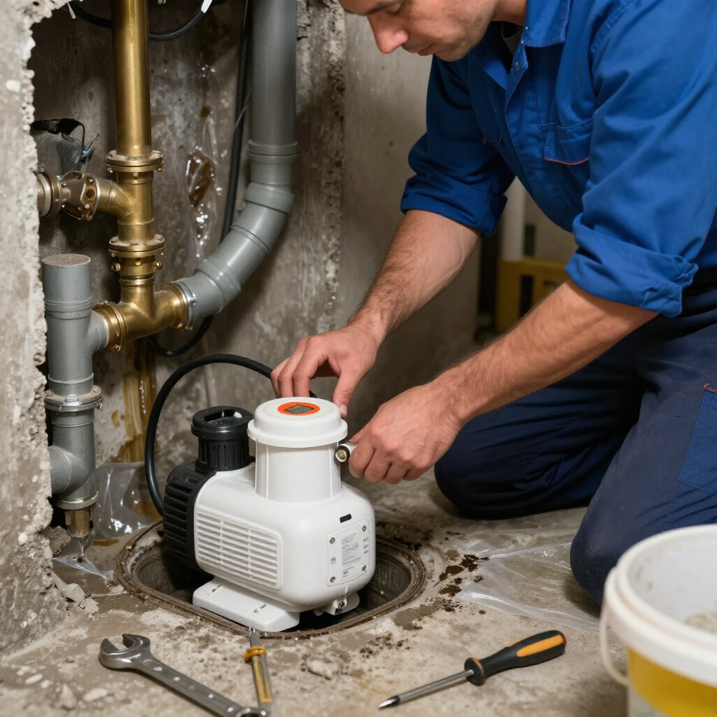 plumber repairing broken sump pump in basement.