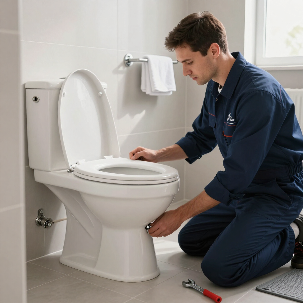 Professional plumber installing a new toilet.