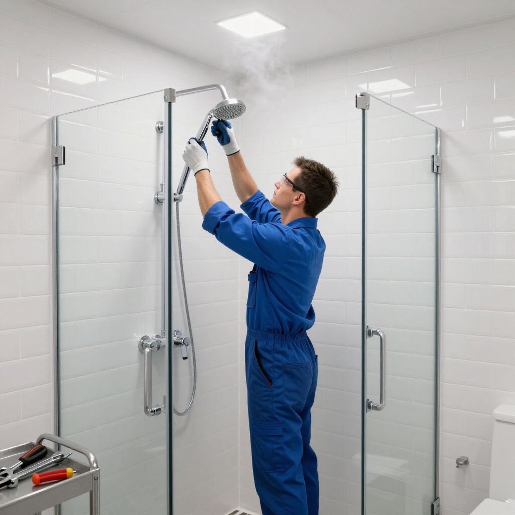 Master plumber repairing shower in residents home.