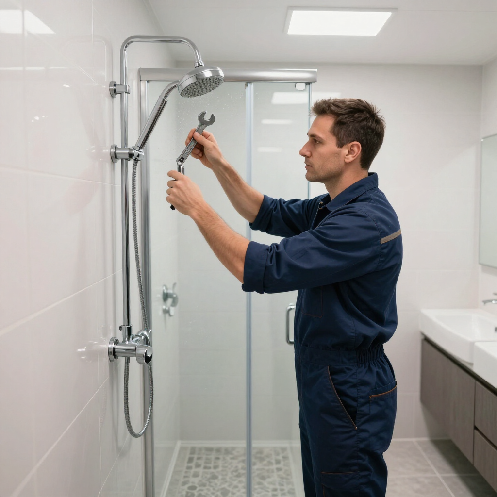 plumber installing new shower fixture. 