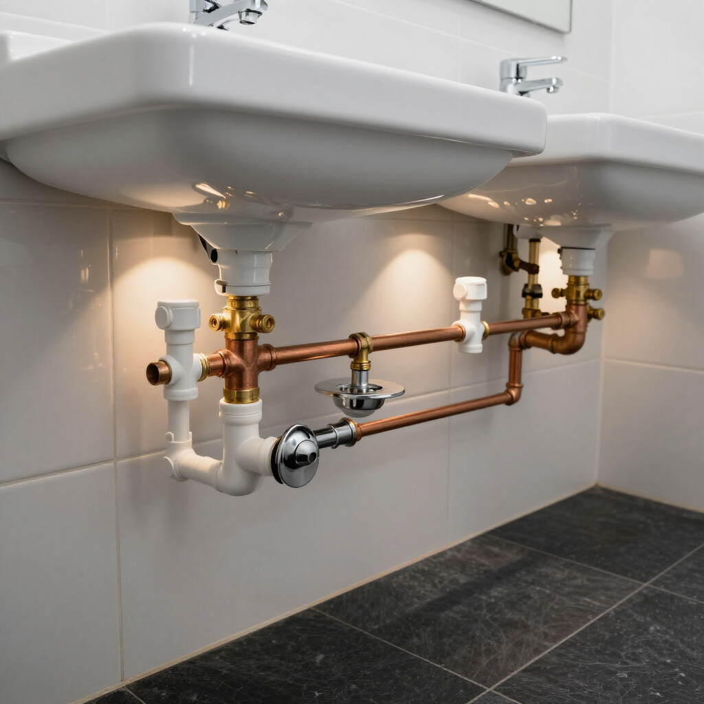 bathroom plumbing piping for two sinks in residential home in Castle Rock, CO