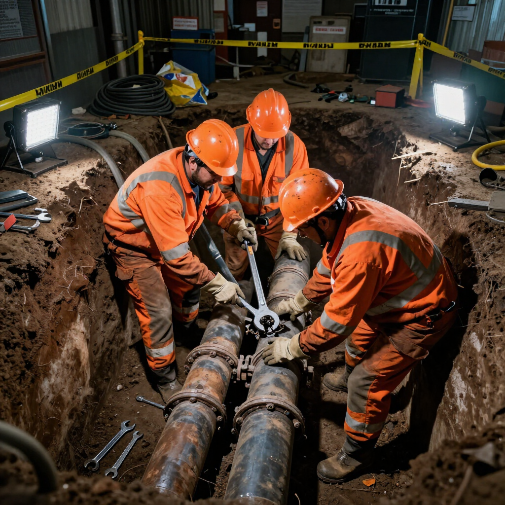 sewer repair at night in city of Castle Rock Colorado.
