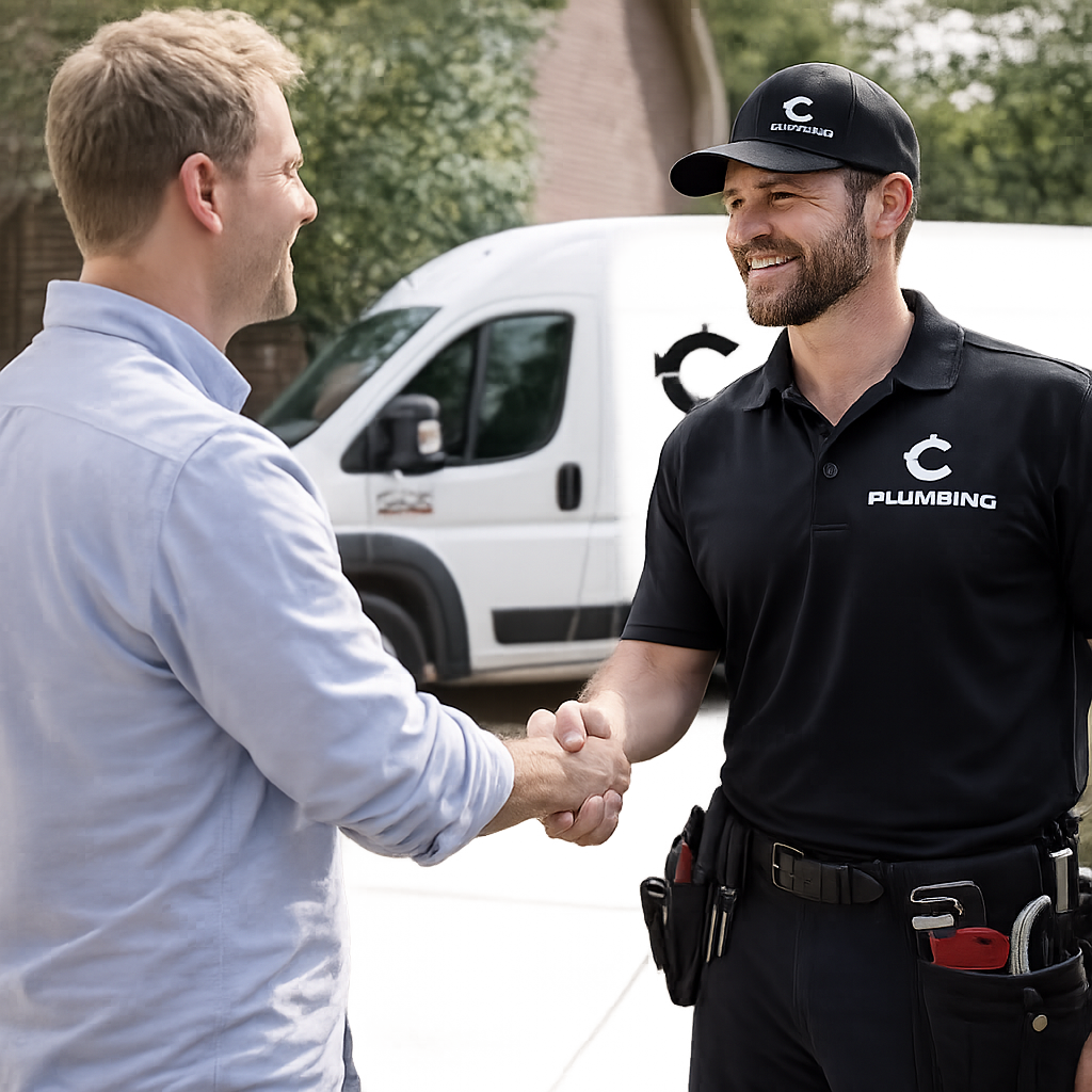 local plumber in Castle Rock shaking hands with customer after finishing repair.