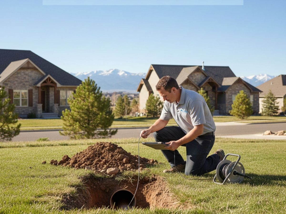 Professional plumber in castle rock Colorado fixing a sewer line in residential area.