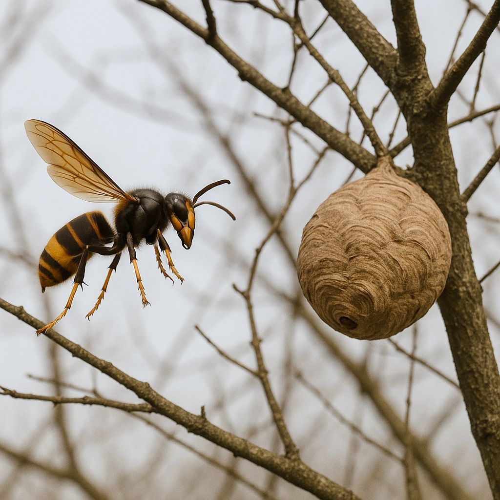 frelon asiatique devant un nid