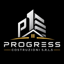 Logo per Progress Costruzioni S.r.l.s., icona argentata di un edificio con una finestra dorata su sfondo nero
