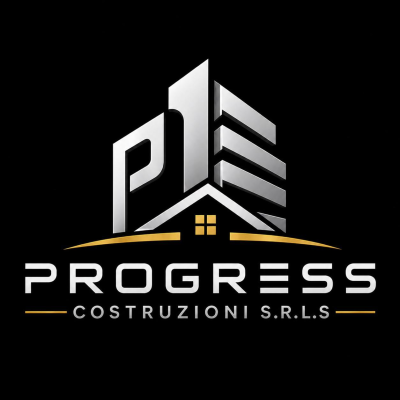 Logo per Progress Costruzioni S.r.l.s., icona argentata di un edificio con una finestra dorata su sfondo nero