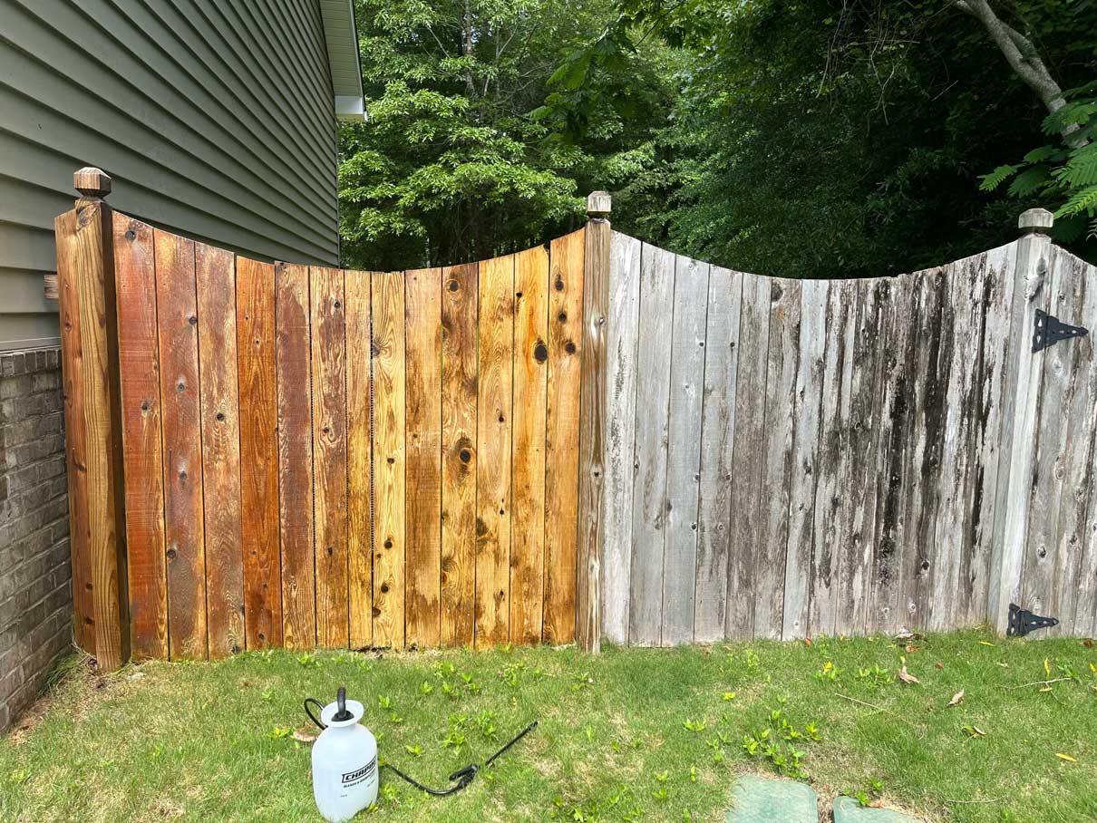 Wood fence cleaning before and after

