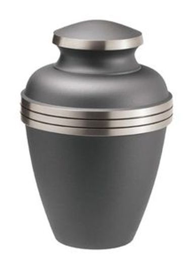 A black urn with a silver ribbon around it on a white background.