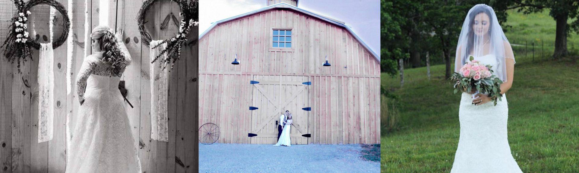 Wedding bride in white gown and veil, shown in three outdoor poses near a barn and garden.