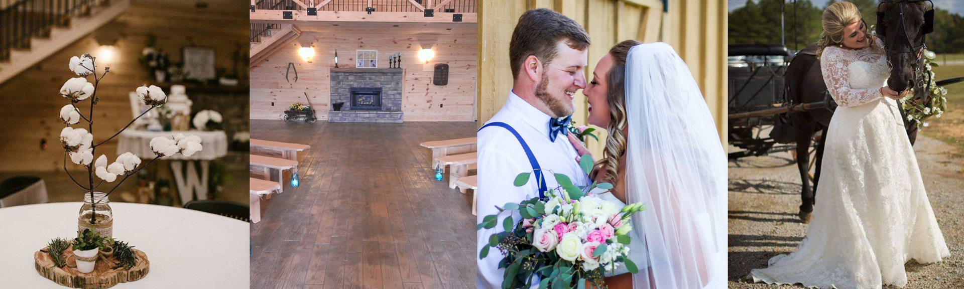 Wedding collage with floral decor, reception lights, and a bride and groom outdoors near a horse-drawn carriage