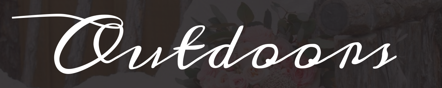 White cursive word “Outdoors” on a dark textured background.