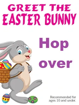 Gray bunny carrying basket of Easter eggs; purple text: 