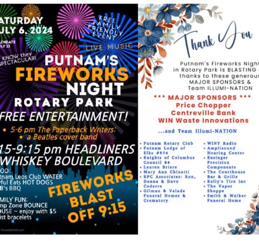Fireworks event poster: Putnam's Fireworks Night at Rotary Park, July 6, 2024, with music, food, and fireworks.