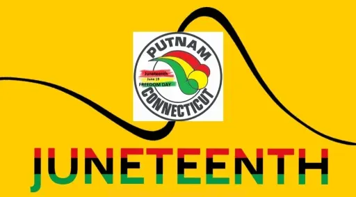 Juneteenth flag of Putnam, CT: yellow background with black wave design. Putnam seal and Juneteenth text.