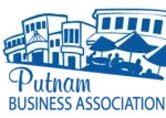 Blue logo: Putnam Business Association. Buildings and cafe scene in white.