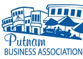 Blue logo: Putnam Business Association. Buildings and cafe scene in white.