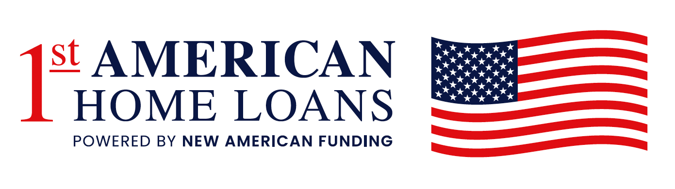 Logo for 1st American Home Loans, with text over an American flag graphic.