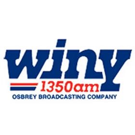 WINY radio station logo: navy blue text on white;