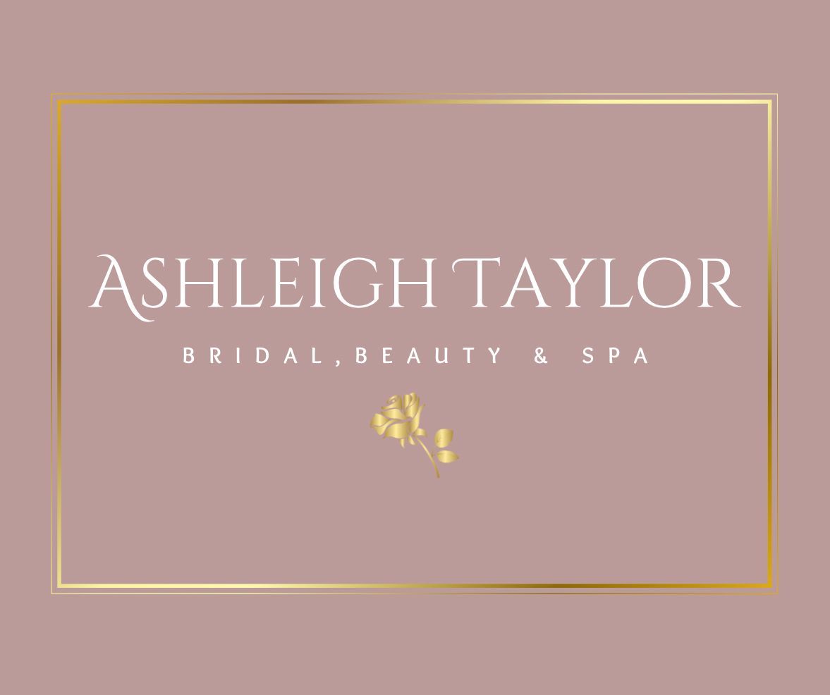 Logo for Ashleigh Taylor Bridal, Beauty & Spa: Text in a gold rectangle, rose-colored background.