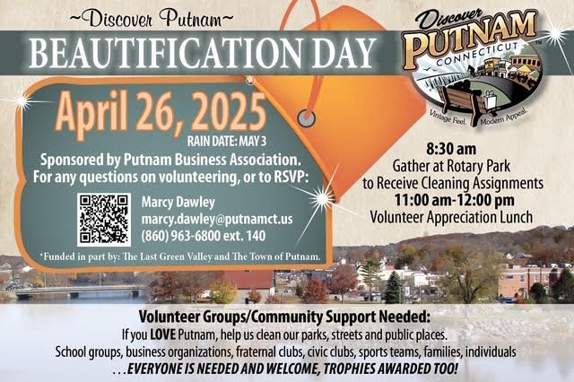 Flyer for Putnam Beautification Day on April 26, 2025, at Rotary Park, sponsored by Putnam Business Association.