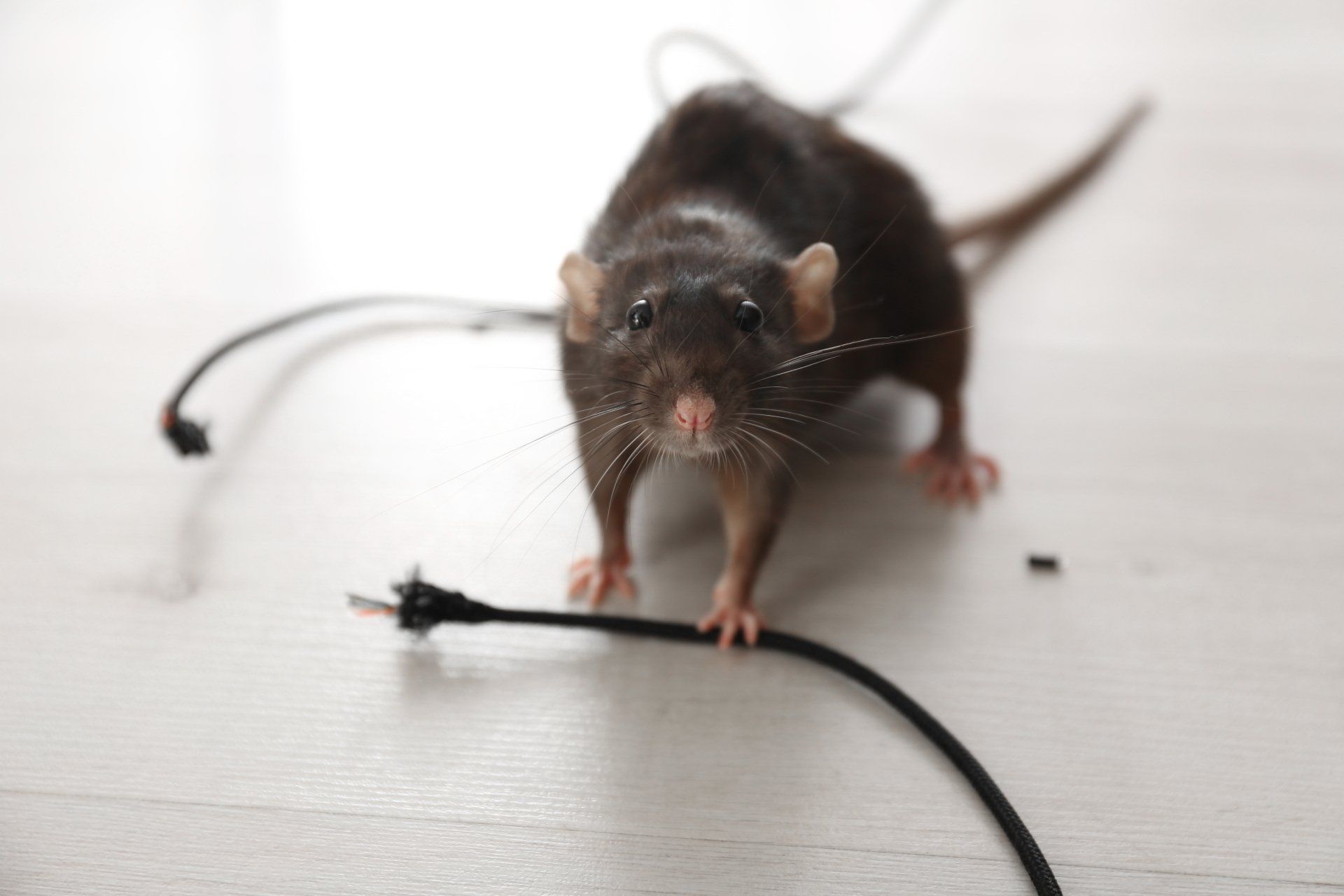 Un rat au pelage sombre se tient debout sur un sol clair, une patte posée sur un câble électrique noir qu'il a rongé.