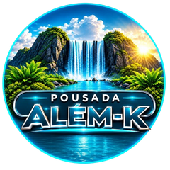 Logo circular da Pousada Além-K com cachoeira, montanhas, céu azul e água turquesa.