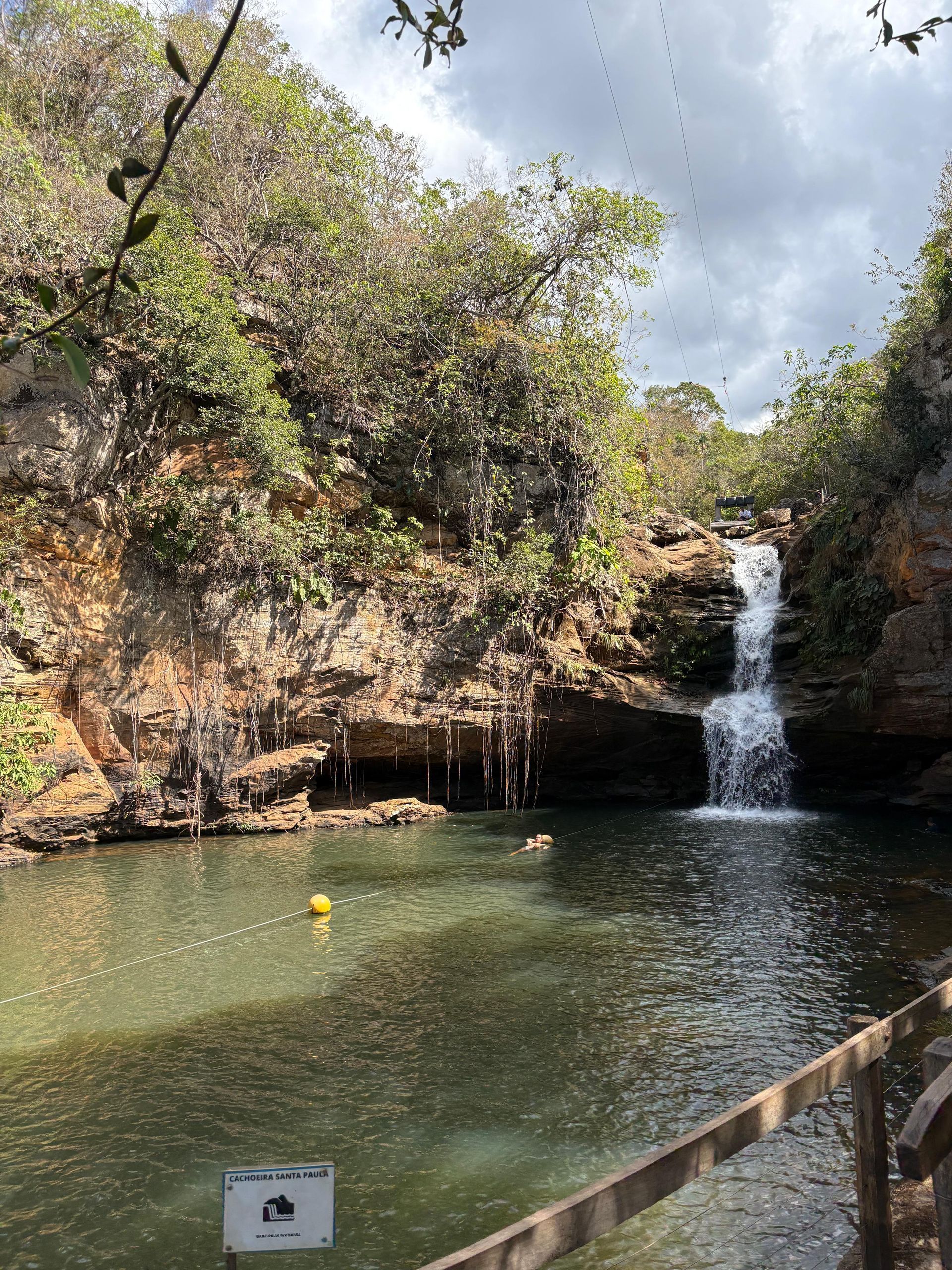 Pequena cachoeira que deságua em uma piscina verde cercada por penhascos rochosos e árvores.