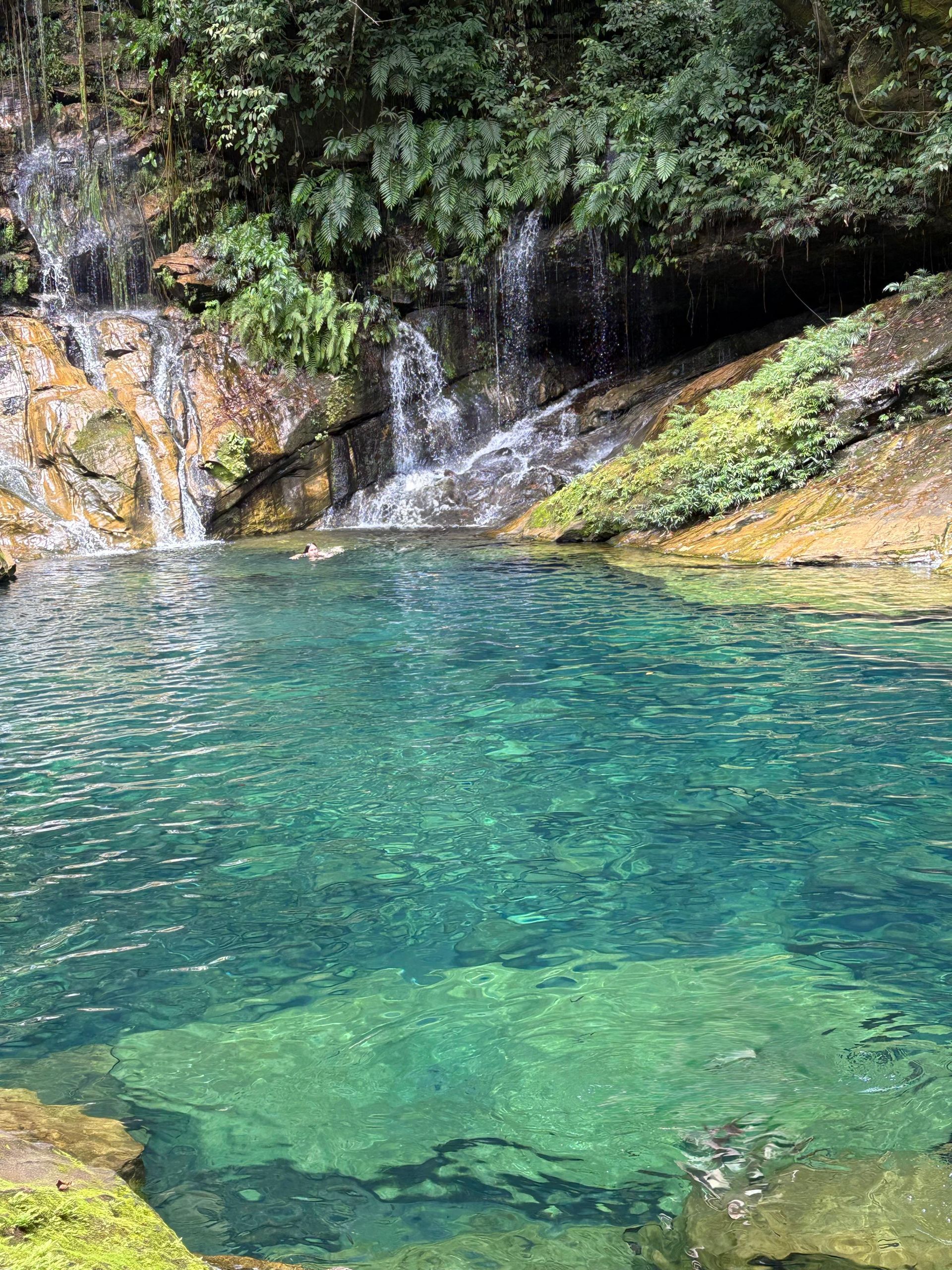 Piscina de água turquesa sob um penhasco rochoso coberto de musgo, com uma pequena cachoeira.