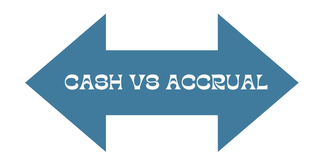 A blue arrow with the words cash vs accrual on it