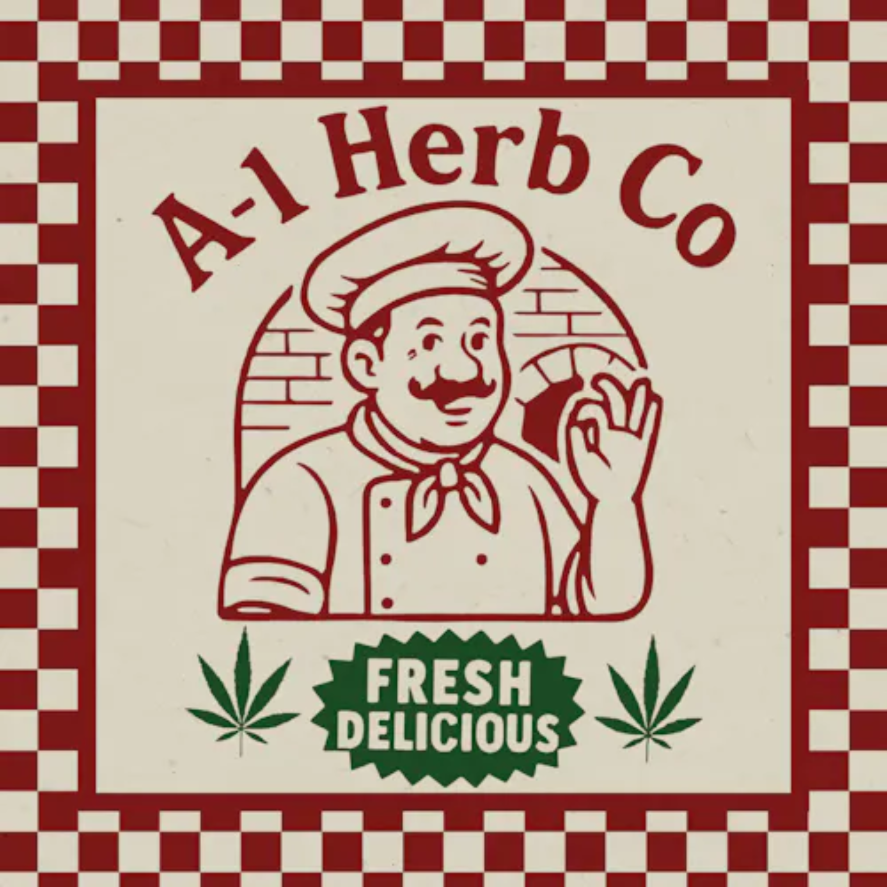 A-1 Herb Co logo with chef, green cannabis leaves, and "Fresh Delicious" on a red checkered label