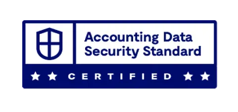 Accounting Data Security Standard certified badge in blue and white with shield icon and stars