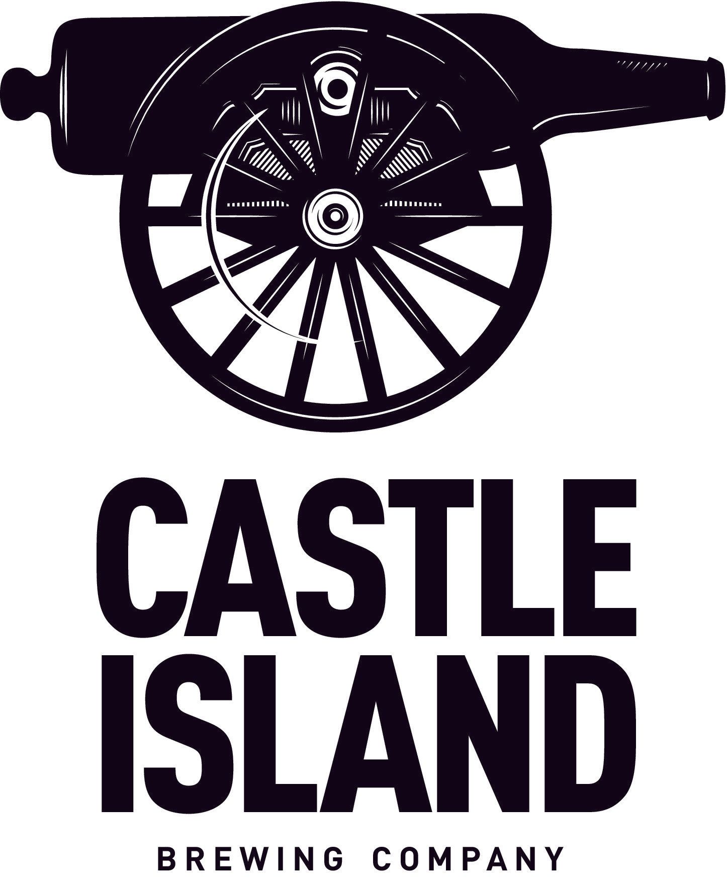 a black and white logo for castle island brewing company with a cannon and wheel .