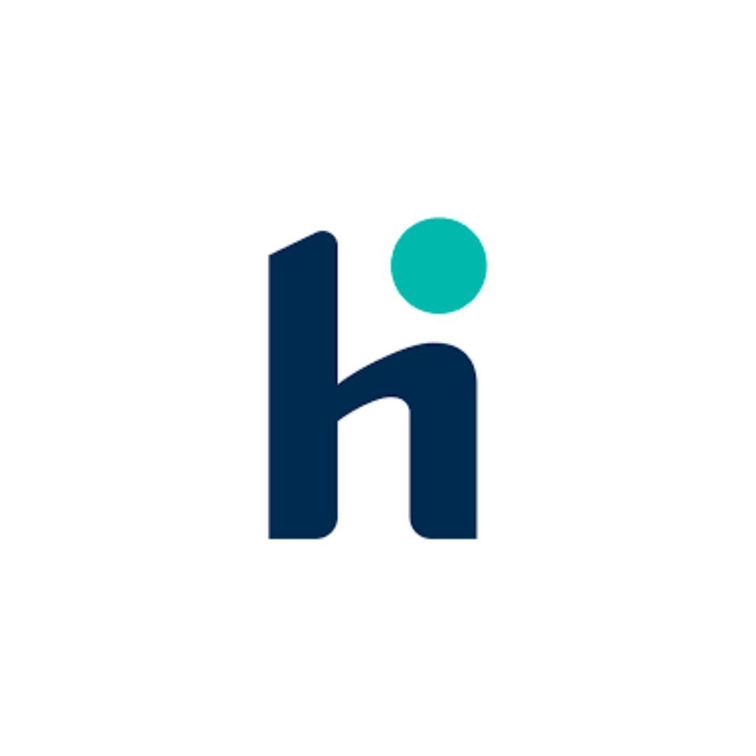 a blue letter h with a green circle in the middle on a white background .